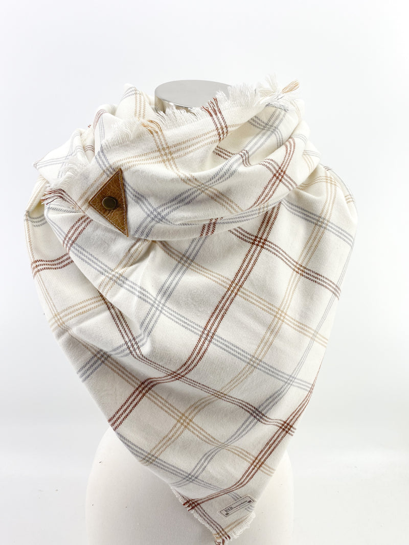 Neutral Fall Plaid Blanket Scarf with Leather Detail
