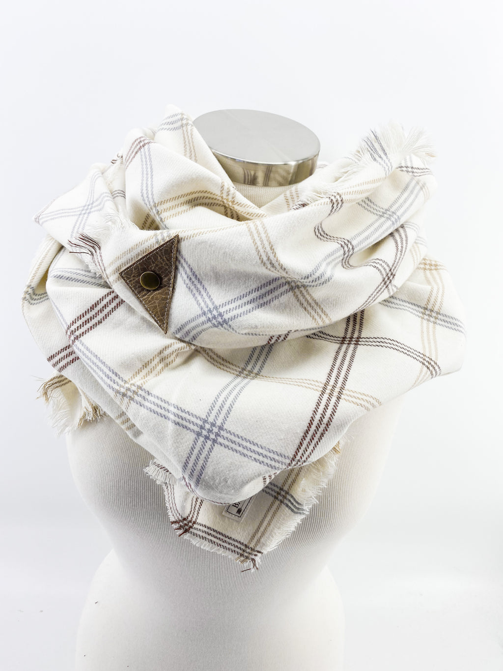 Neutral Fall Plaid Blanket Scarf with Leather Detail