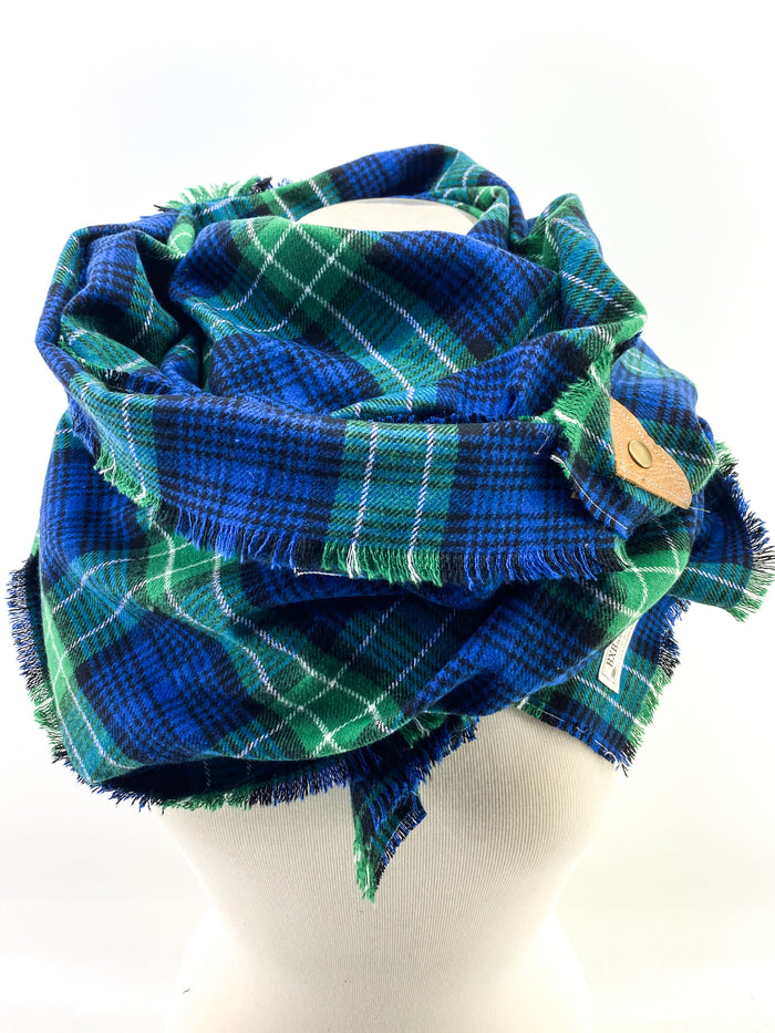 Navy & Green & White Classic Plaid Blanket Scarf with Leather Detail