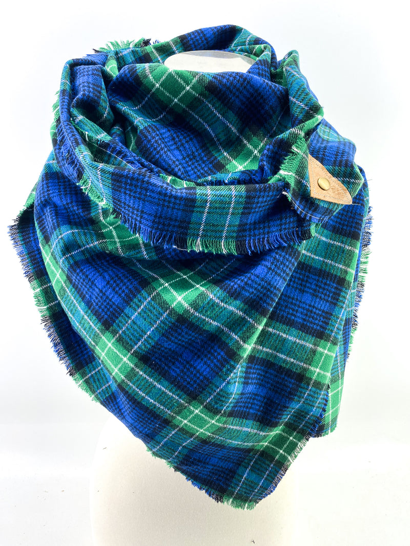 Navy & Green & White Classic Plaid Blanket Scarf with Leather Detail