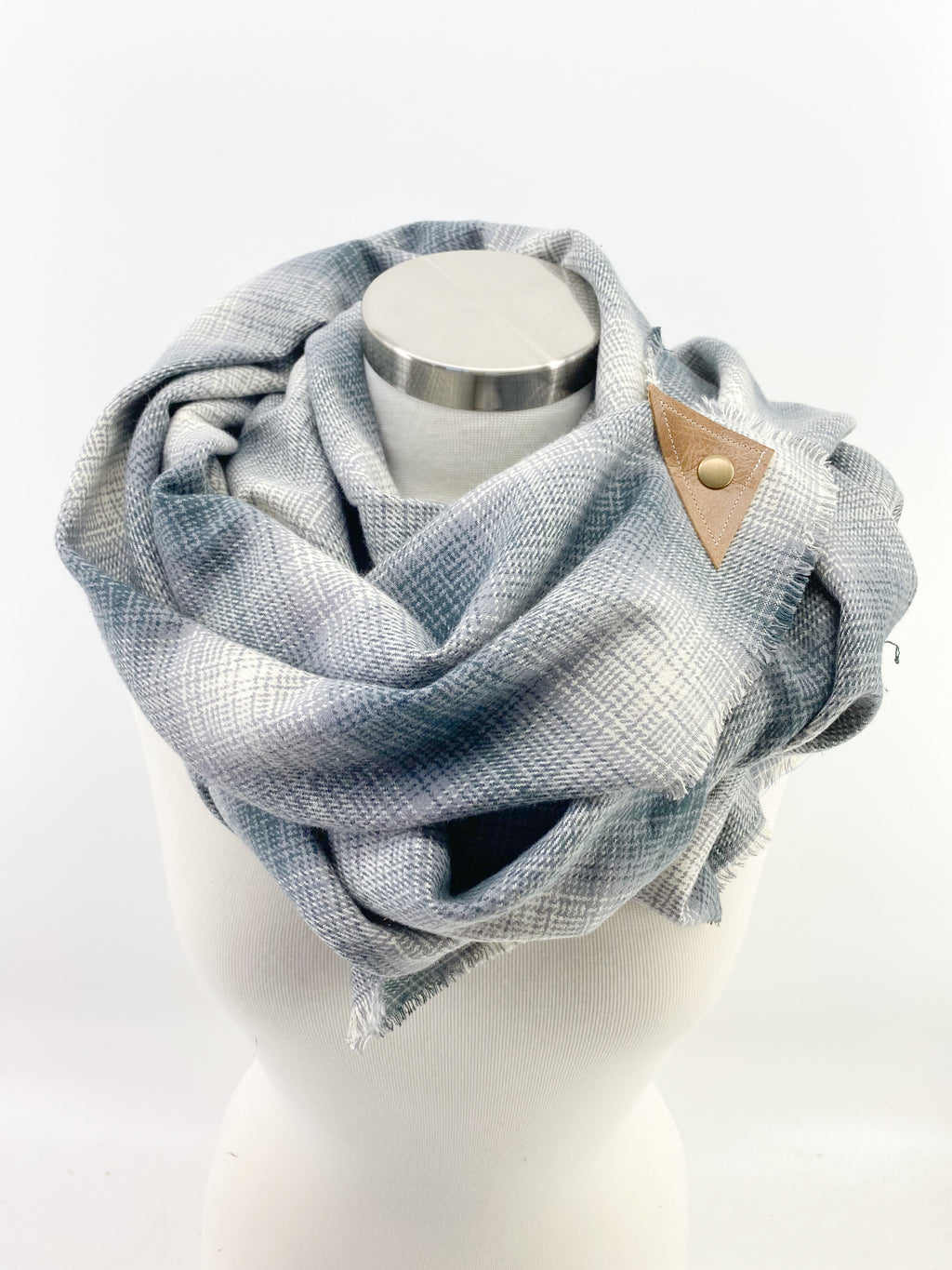 Dusty Gray Plaid Blanket Scarf with Leather Detail