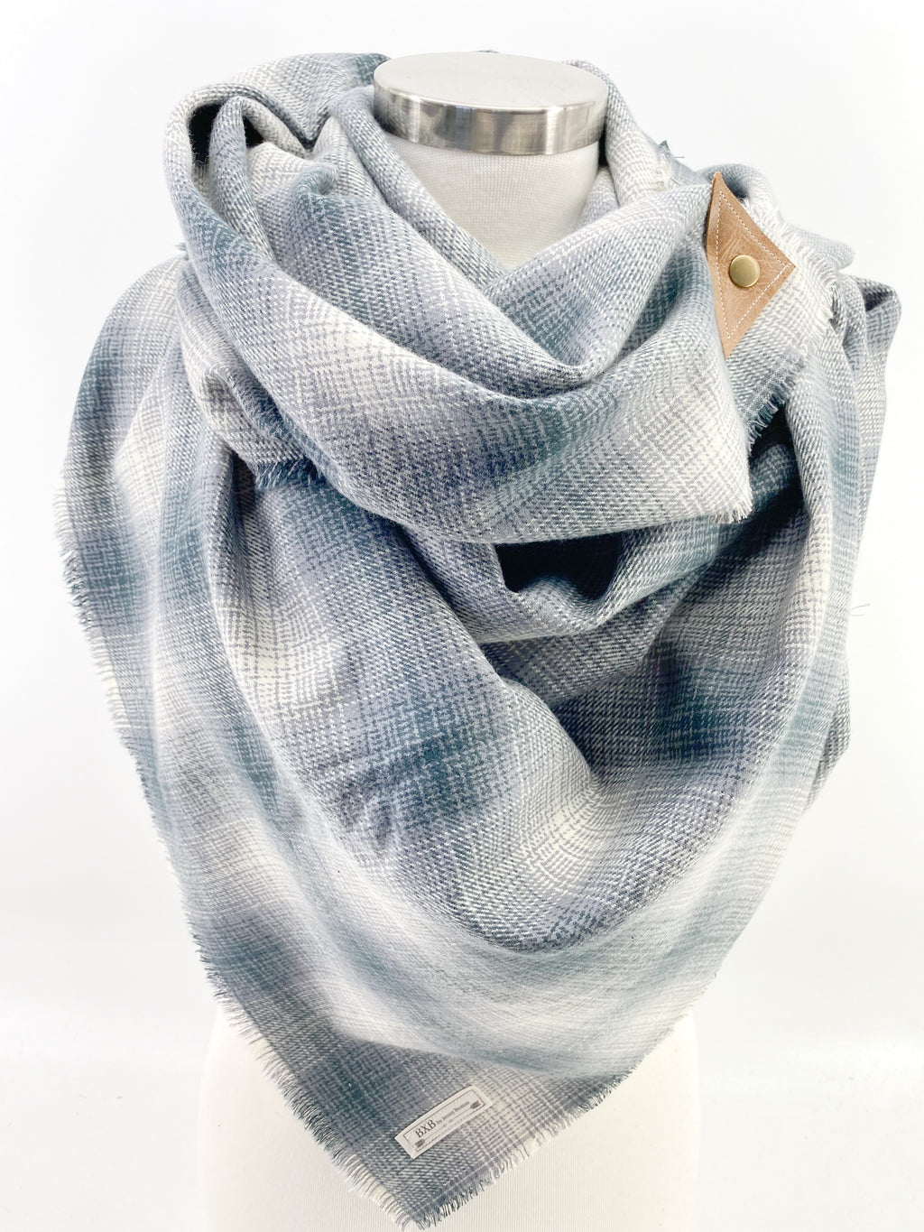 Dusty Gray Plaid Blanket Scarf with Leather Detail
