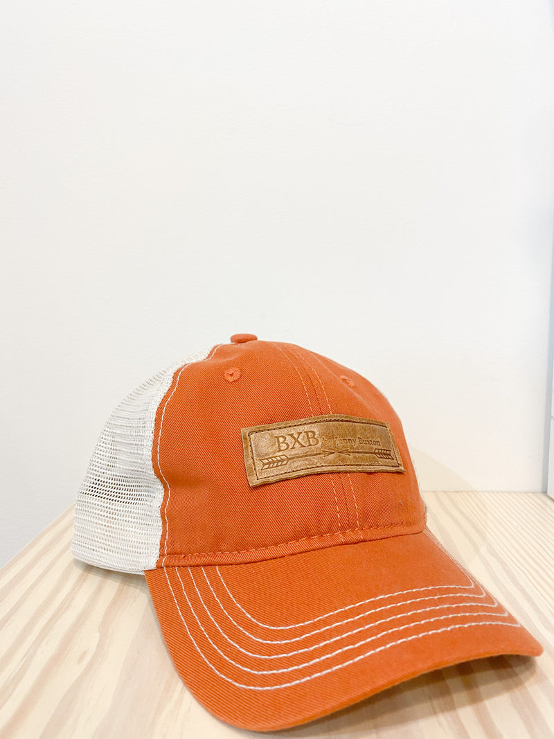 Soft Burnt Orange & White Mesh BXB Leather Logo Trucker Hat