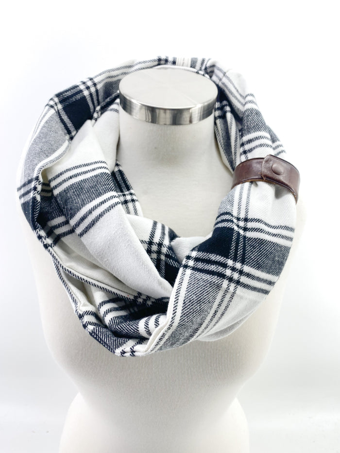 White & Black Plaid Eternity Scarf with a Leather Cuff