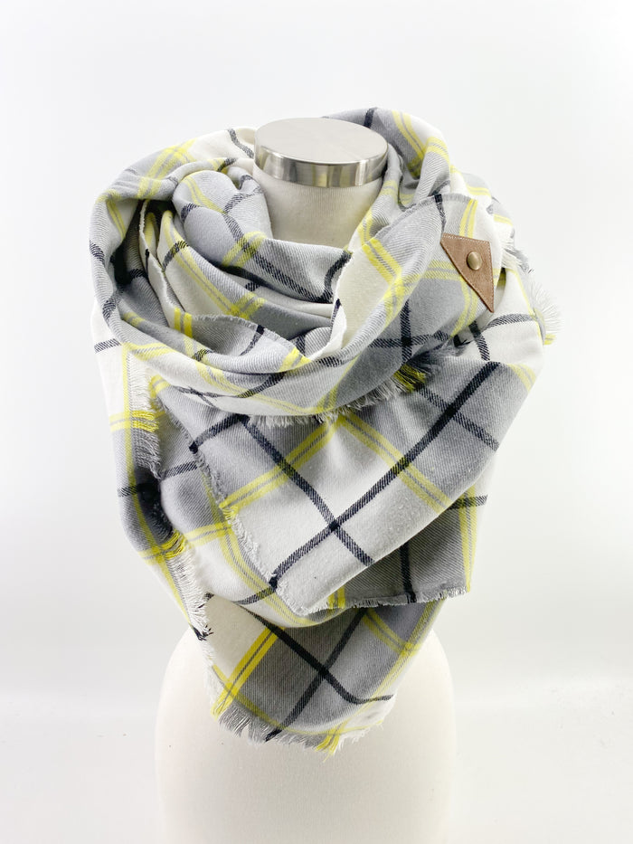Chartreuse Plaid Blanket Scarf with Leather Detail