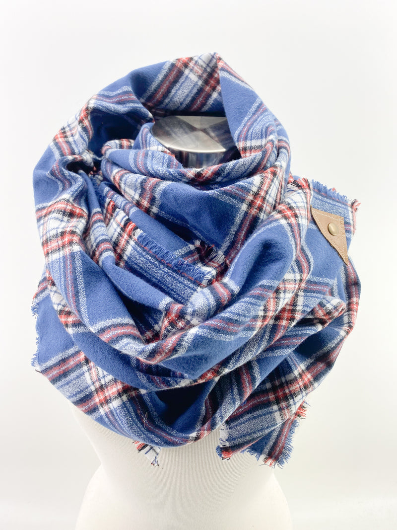 Americana Plaid Blanket Scarf with Leather Detail