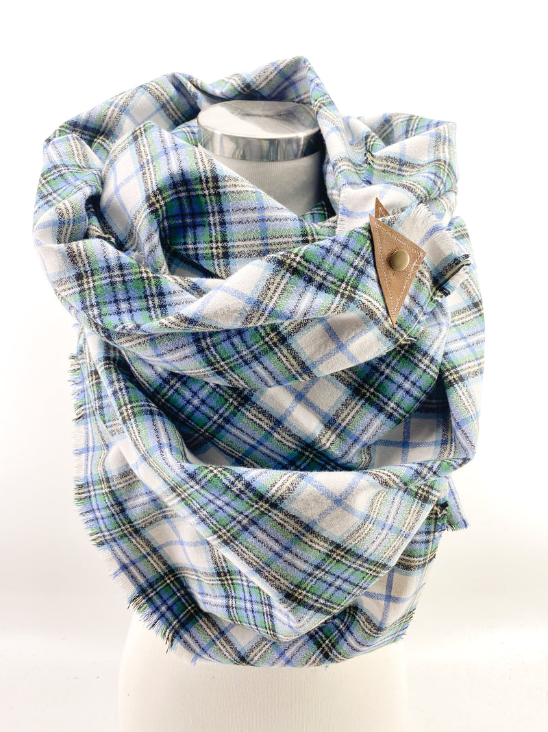 Blue Grass Plaid Blanket Scarf with Leather Detail