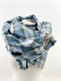Blue Grass Plaid Blanket Scarf with Leather Detail