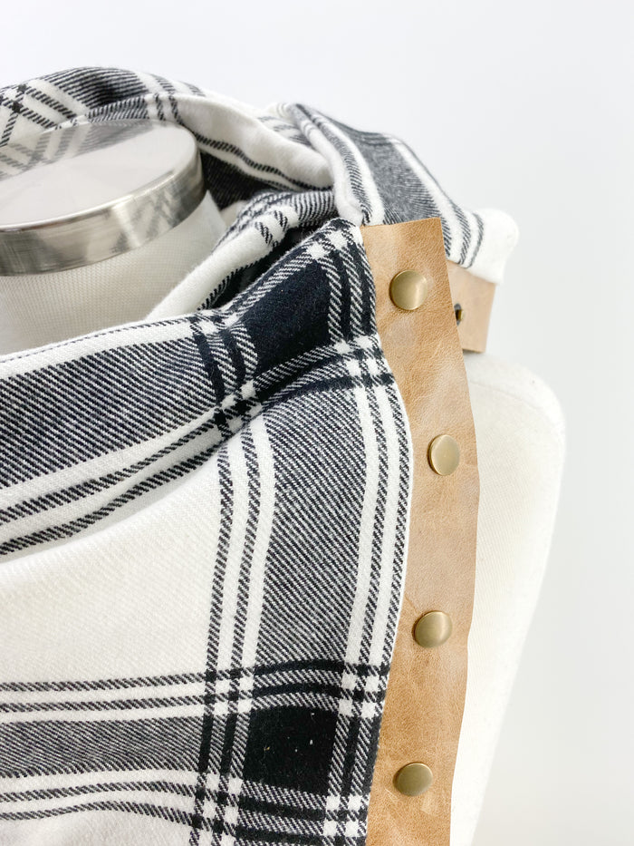 White & Black Plaid Multi Snap Scarf with Leather Snaps