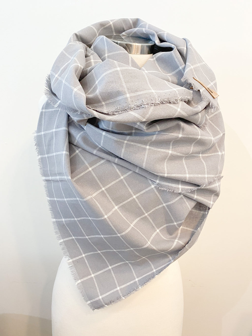 Gray Linen Windowpane Blanket Scarf with Leather Detail