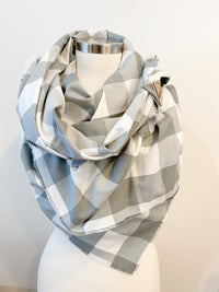 Sage Buffalo Check Blanket Scarf with Leather Detail