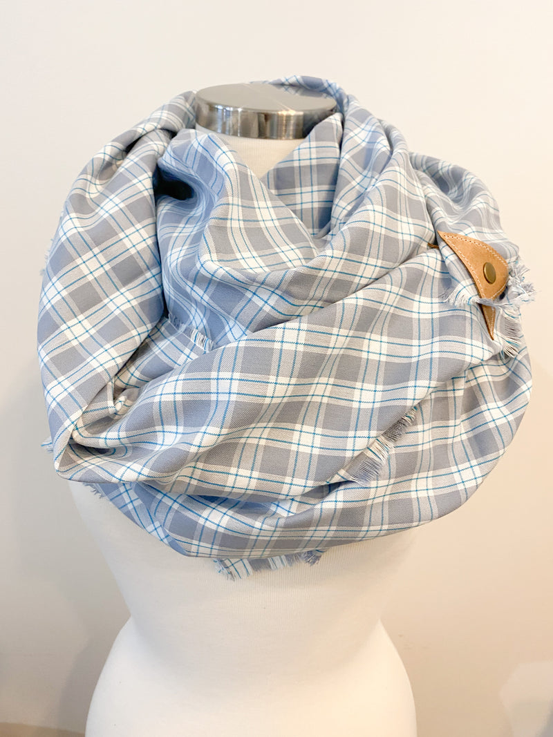 Faded Plaid Blanket Scarf with Leather Detail