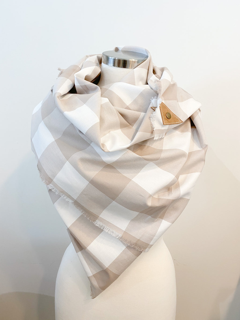 Tan Buffalo Check Blanket Scarf with Leather Detail