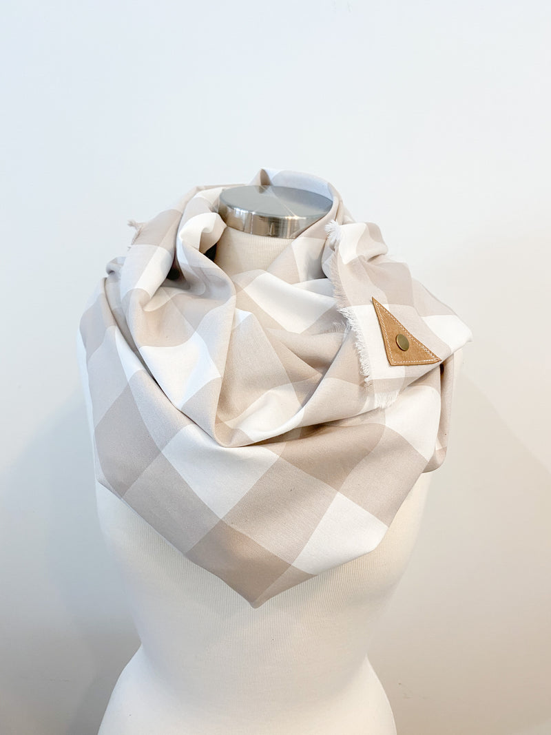 Tan Buffalo Check Blanket Scarf with Leather Detail
