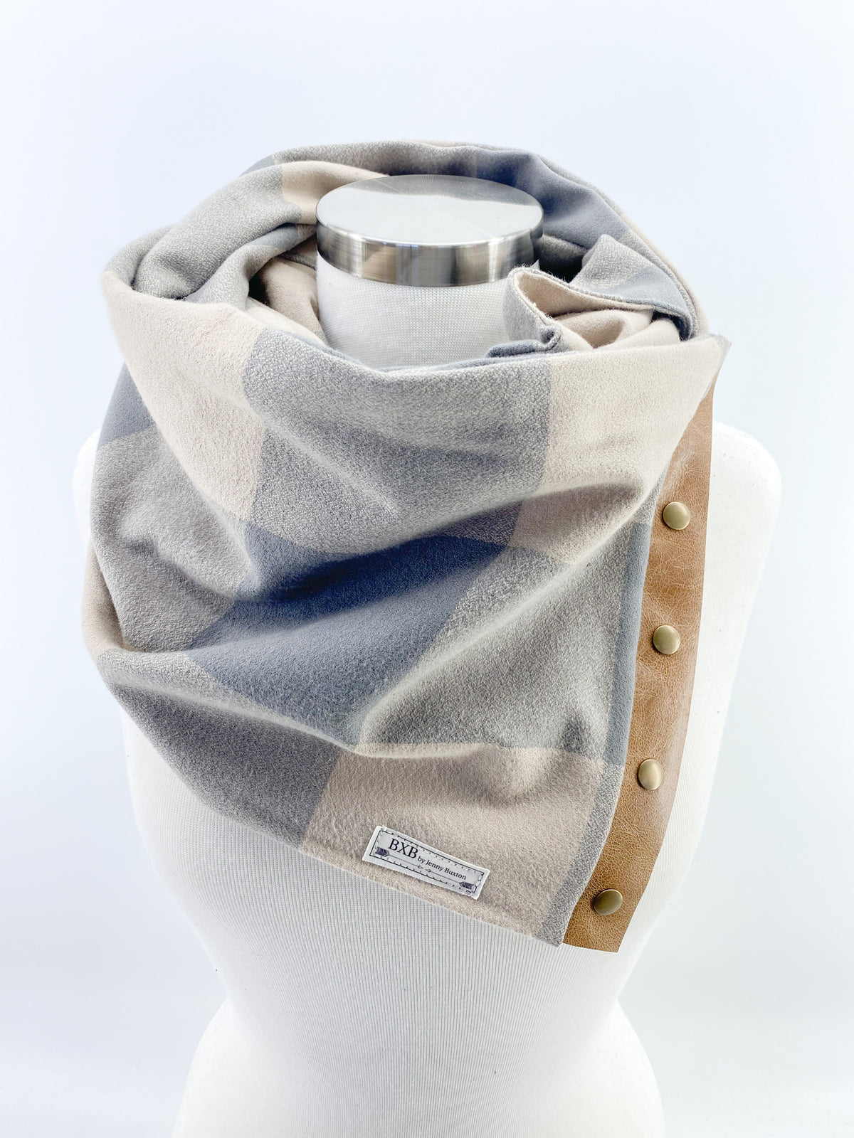 Mushroom Lg Buffalo Check Multi Snap Scarf with Leather Snaps