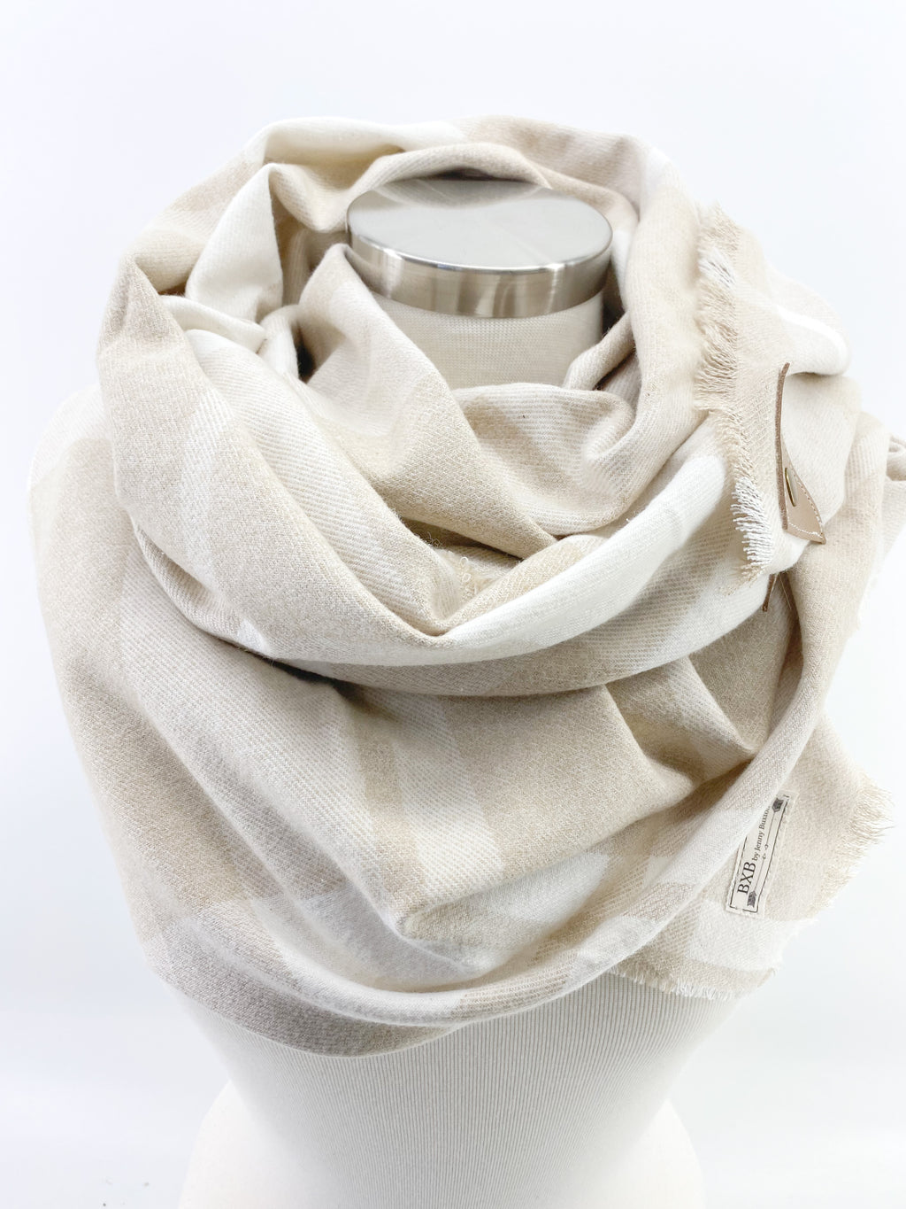 Neutral Beige Plaid Blanket Scarf with Leather Detail