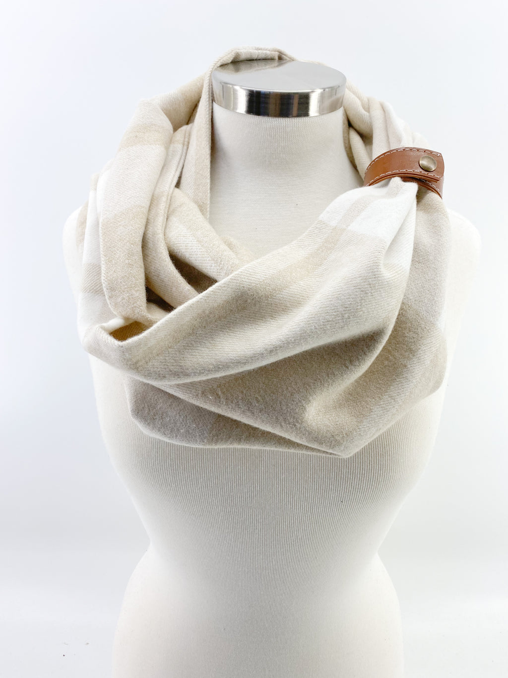Neutral Beige Plaid Eternity Scarf with a Leather Cuff
