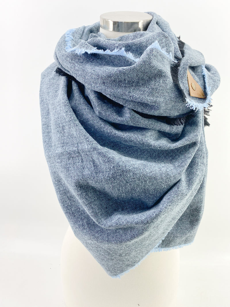 Night Blue Herringbone Blanket Scarf with Leather Detail