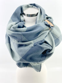Olive & Navy Lg Buffalo Check Blanket Scarf with Leather Detail