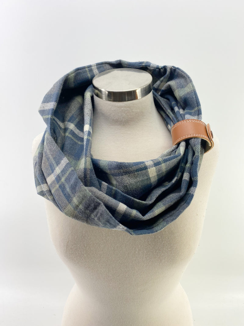 Olive & Navy Plaid Eternity Scarf with a Leather Cuff