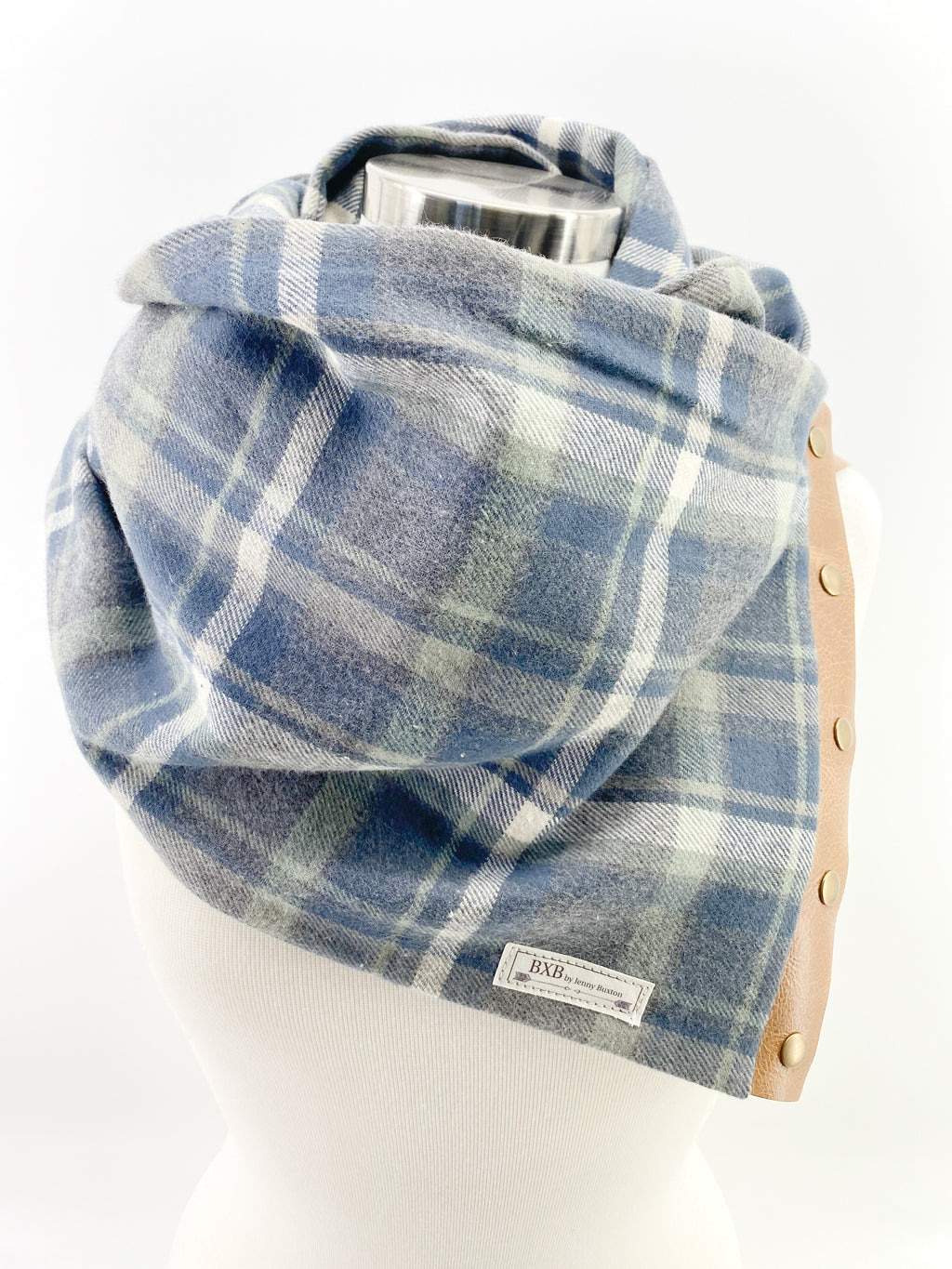 Olive & Navy Plaid Multi Snap Scarf with Leather Snaps