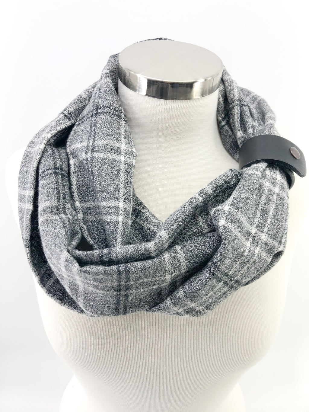 Pepper Plaid Eternity Scarf with a Leather Cuff