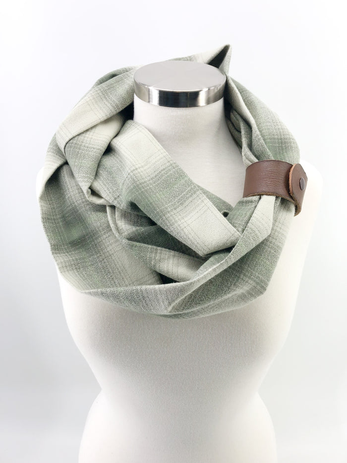 Sage Plaid Eternity Scarf with a Leather Cuff