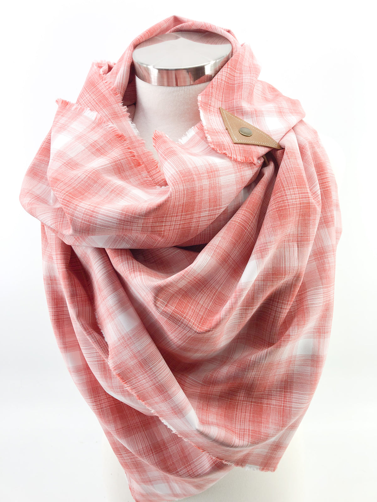 Salmon Plaid Blanket Scarf with Leather Detail