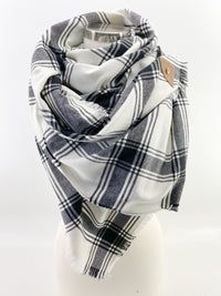 White & Black Plaid Blanket Scarf with Leather Detail