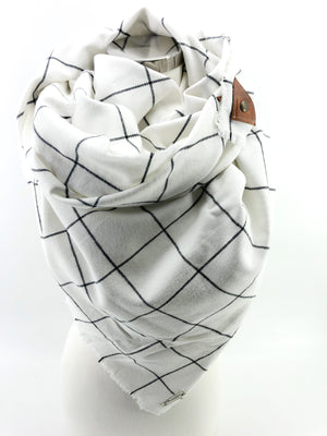 White and Black Windowpane Plaid Blanket Scarf with Leather Detail