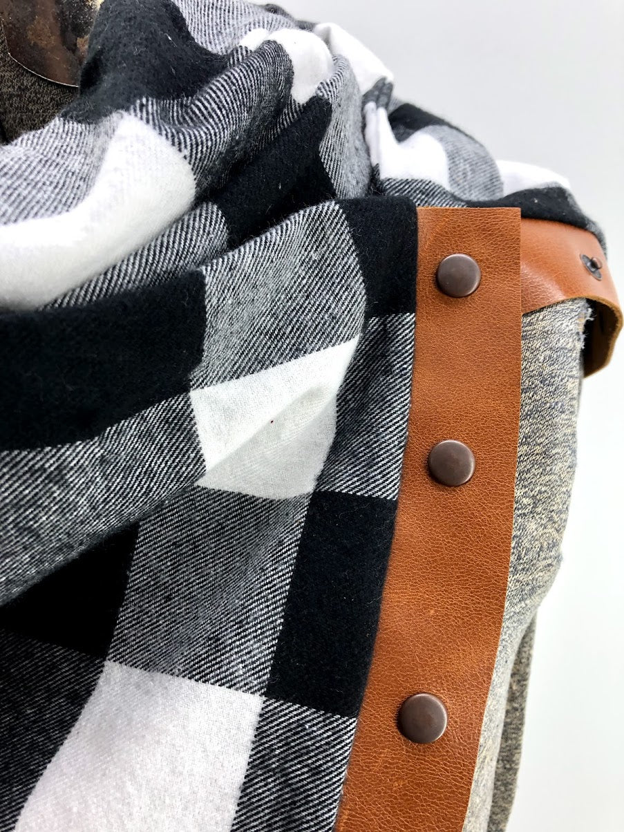 Black & White  Buffalo Check Multi Snap Scarf with Leather Snaps