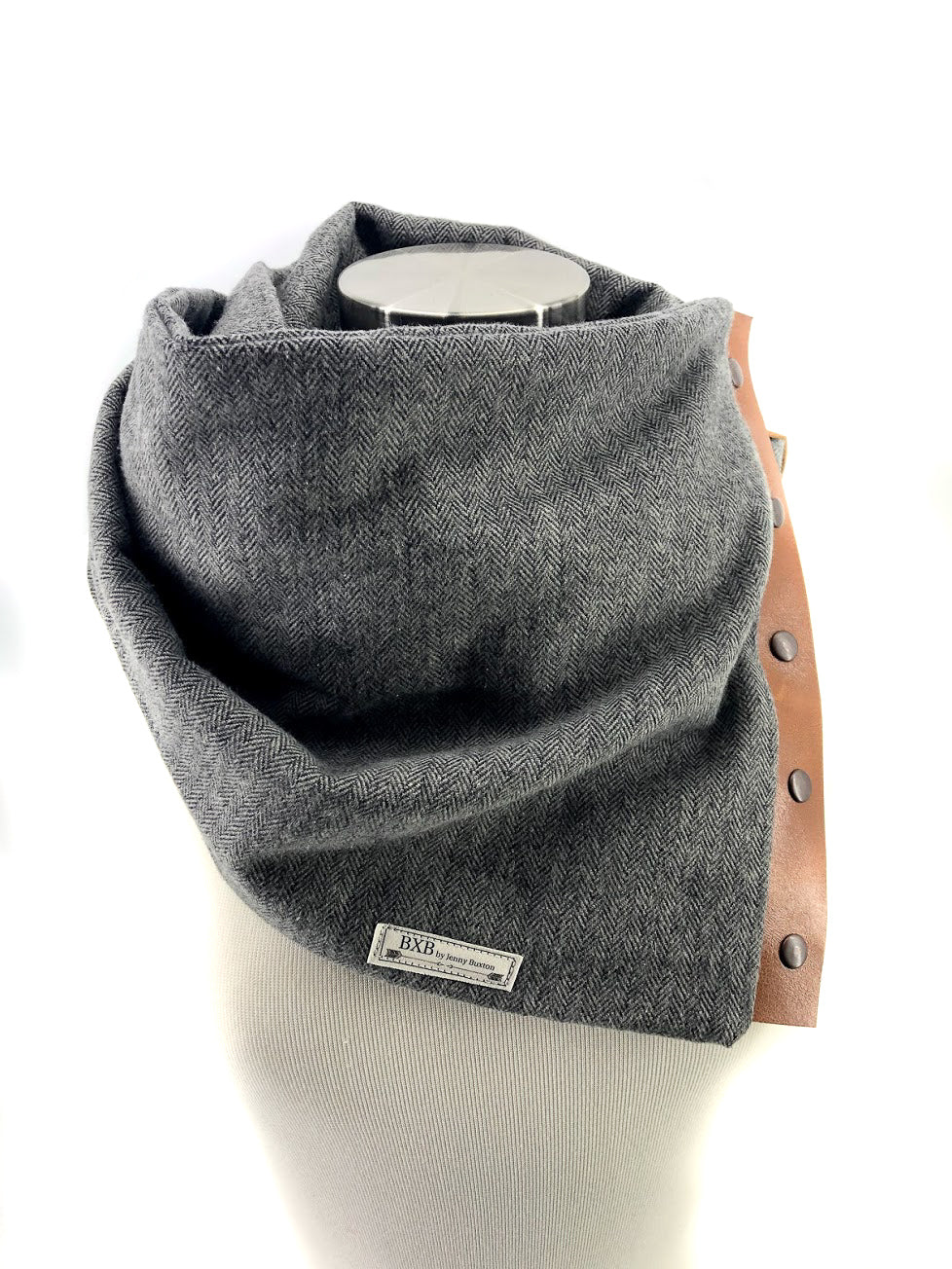 Black & Gray Herringbone Multi Snap Scarf with Leather Snaps