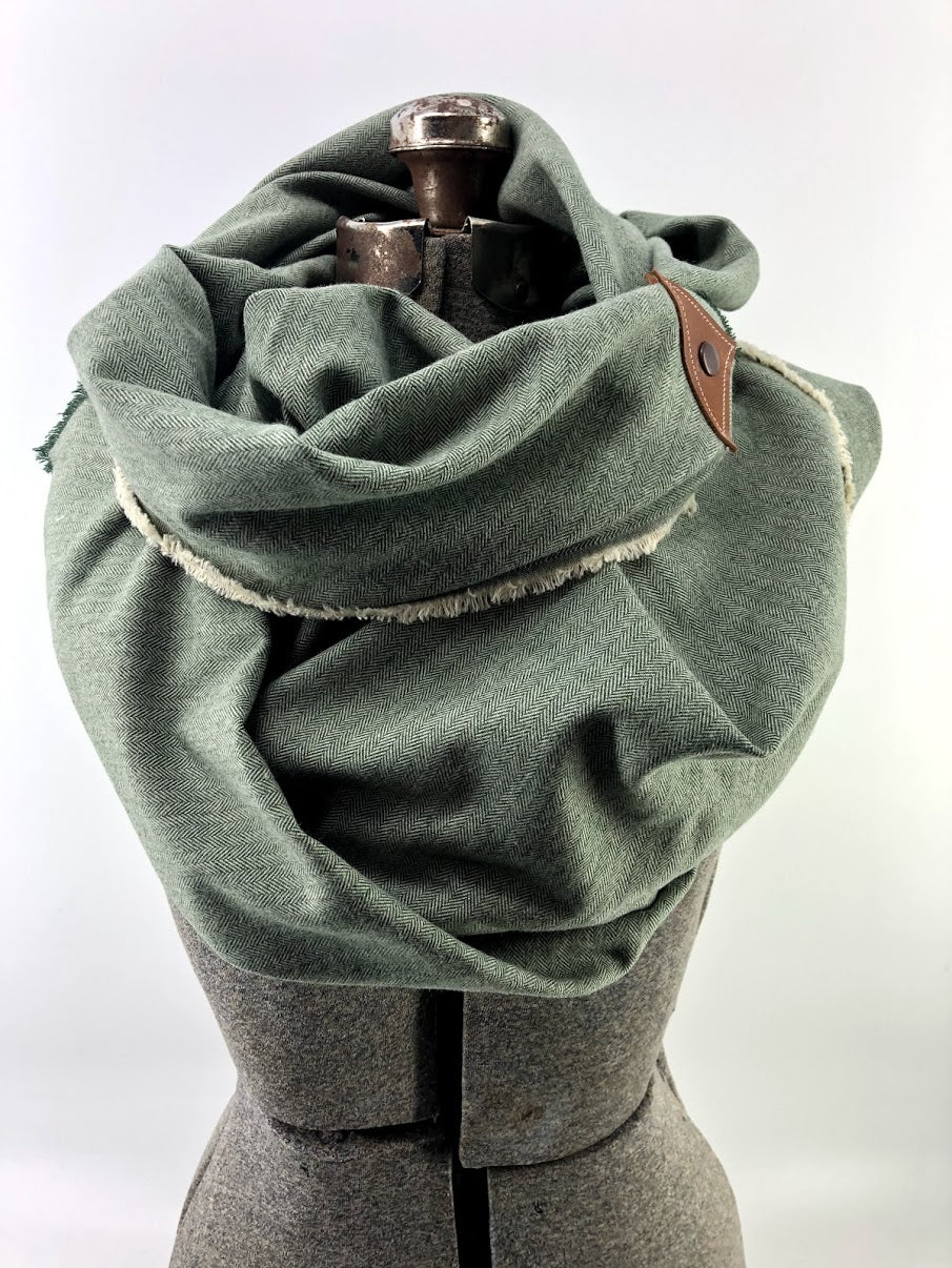 Basil Herringbone Blanket Scarf with Leather Detail
