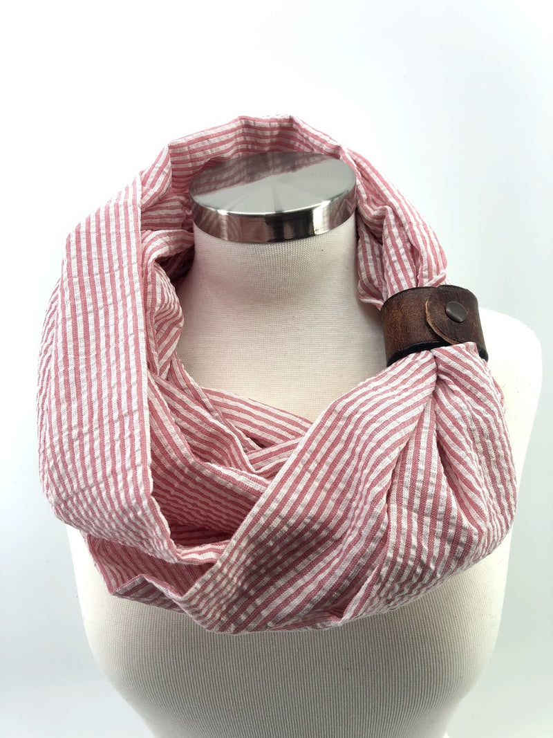Bermuda Red Seersucker Eternity Scarf with a Leather Cuff