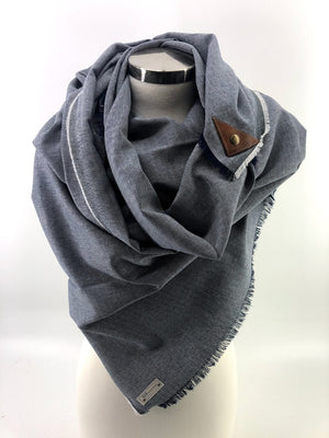 Navy Herringbone Lighter Weight Blanket Scarf with Leather Detail