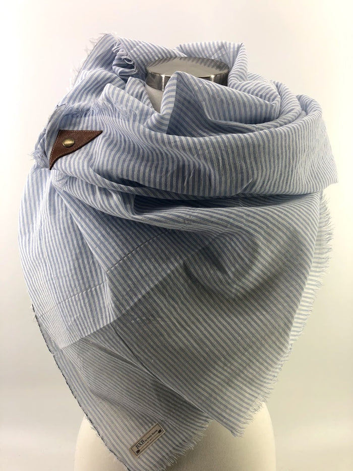 Light Blue Seersucker Blanket Scarf with Leather Detail