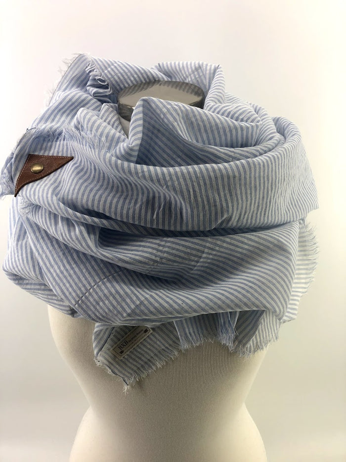 Light Blue Seersucker Blanket Scarf with Leather Detail