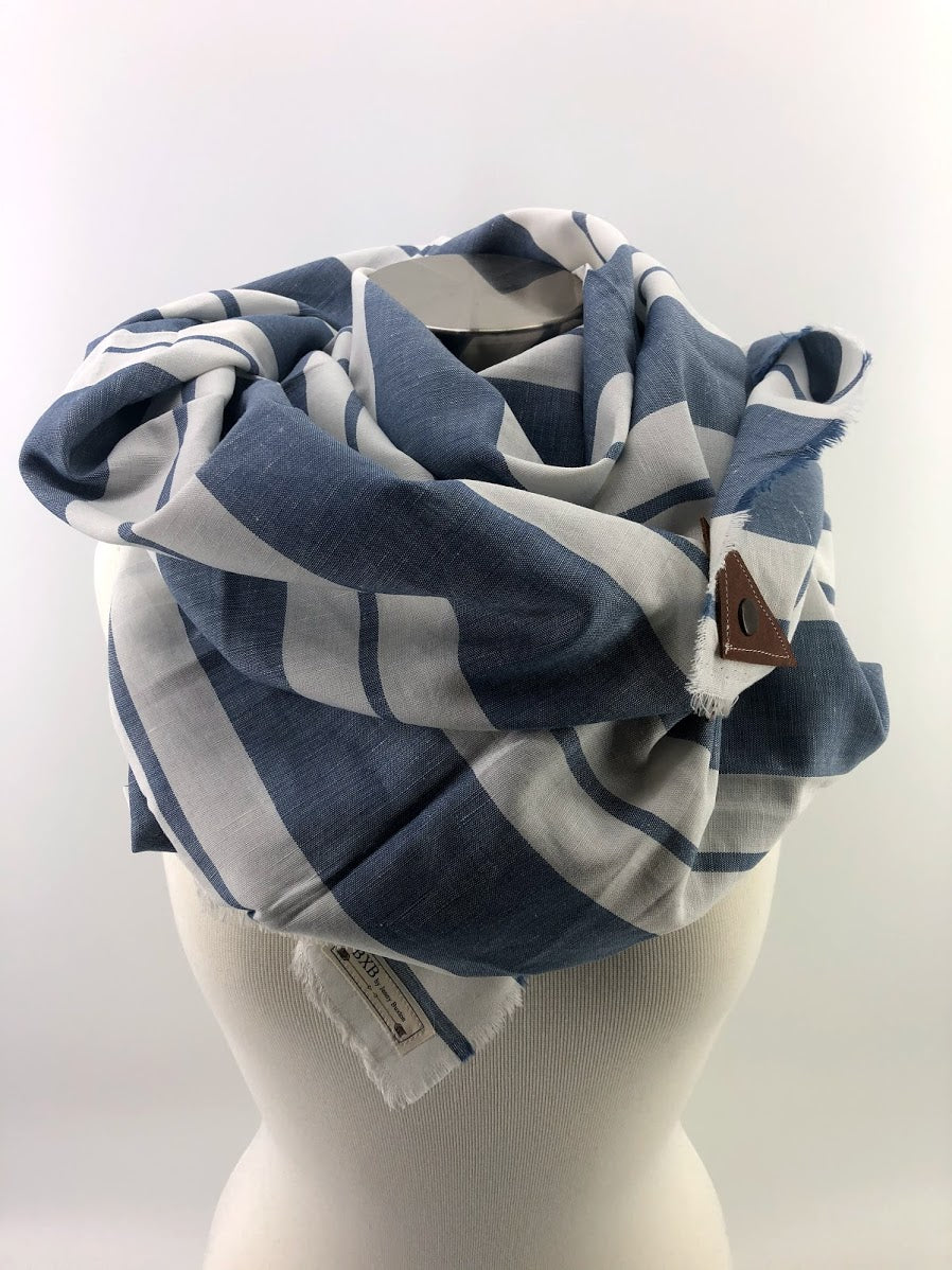 Light Blue Wide Stripe Linen Blanket Scarf with Leather Detail