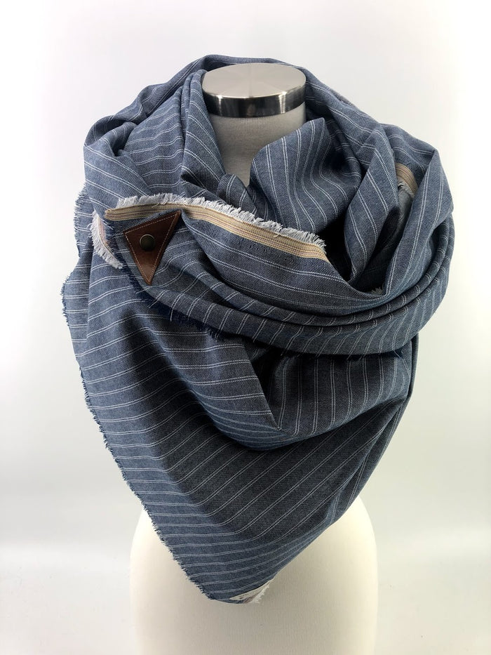 Chambray Striped Blanket Scarf with Leather Detail