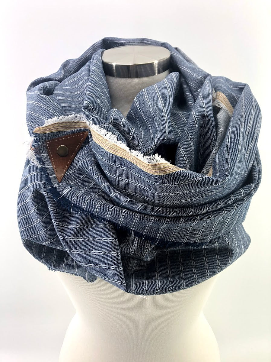 Chambray Striped Blanket Scarf with Leather Detail
