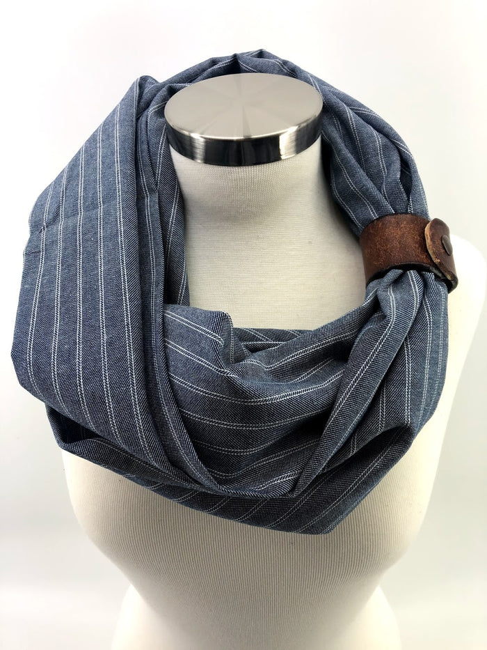 Chambray Striped Eternity Scarf with a Leather Snap