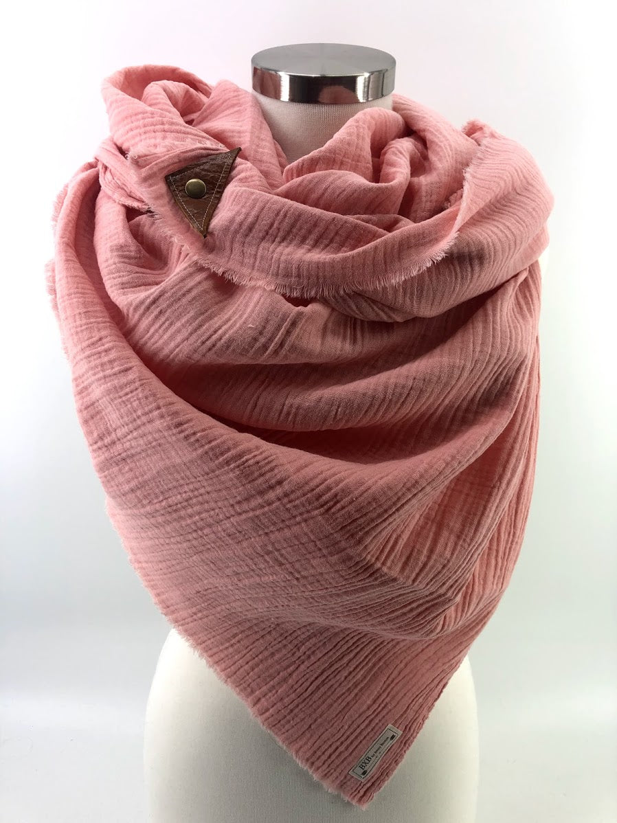 Coral Gauze Blanket Scarf with Leather Detail