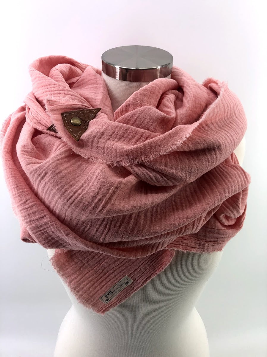 Coral Gauze Blanket Scarf with Leather Detail