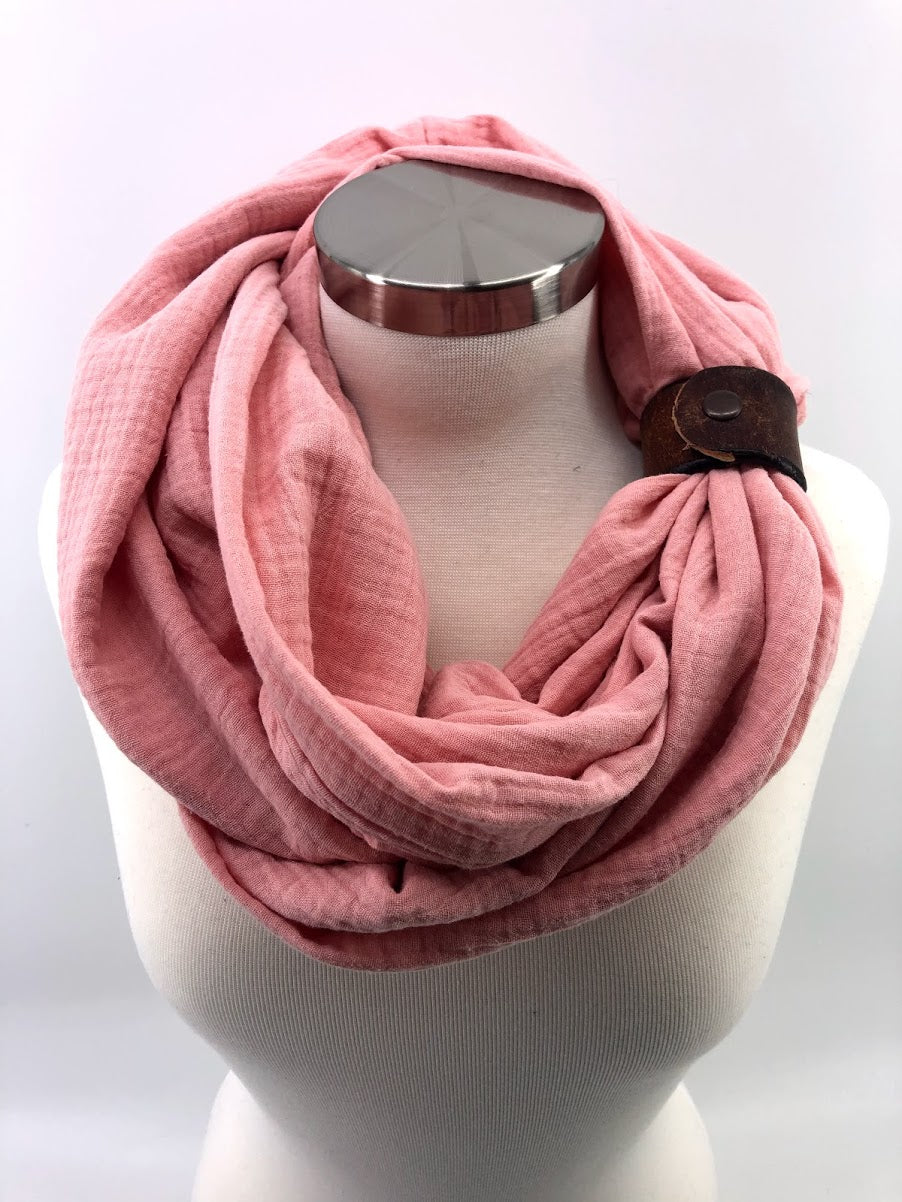 Coral Gauze Eternity Scarf with a Leather Cuff