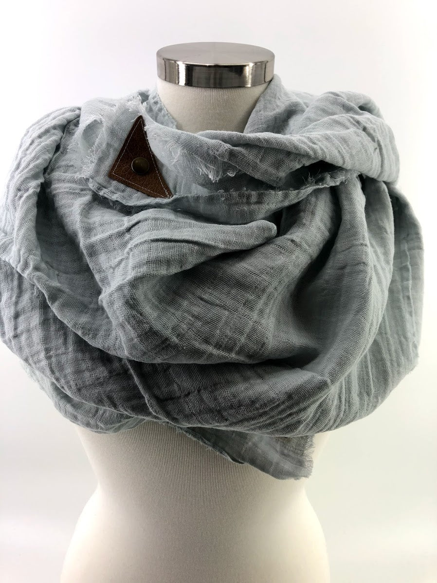 Gray Gauze Blanket Scarf with Leather Detail