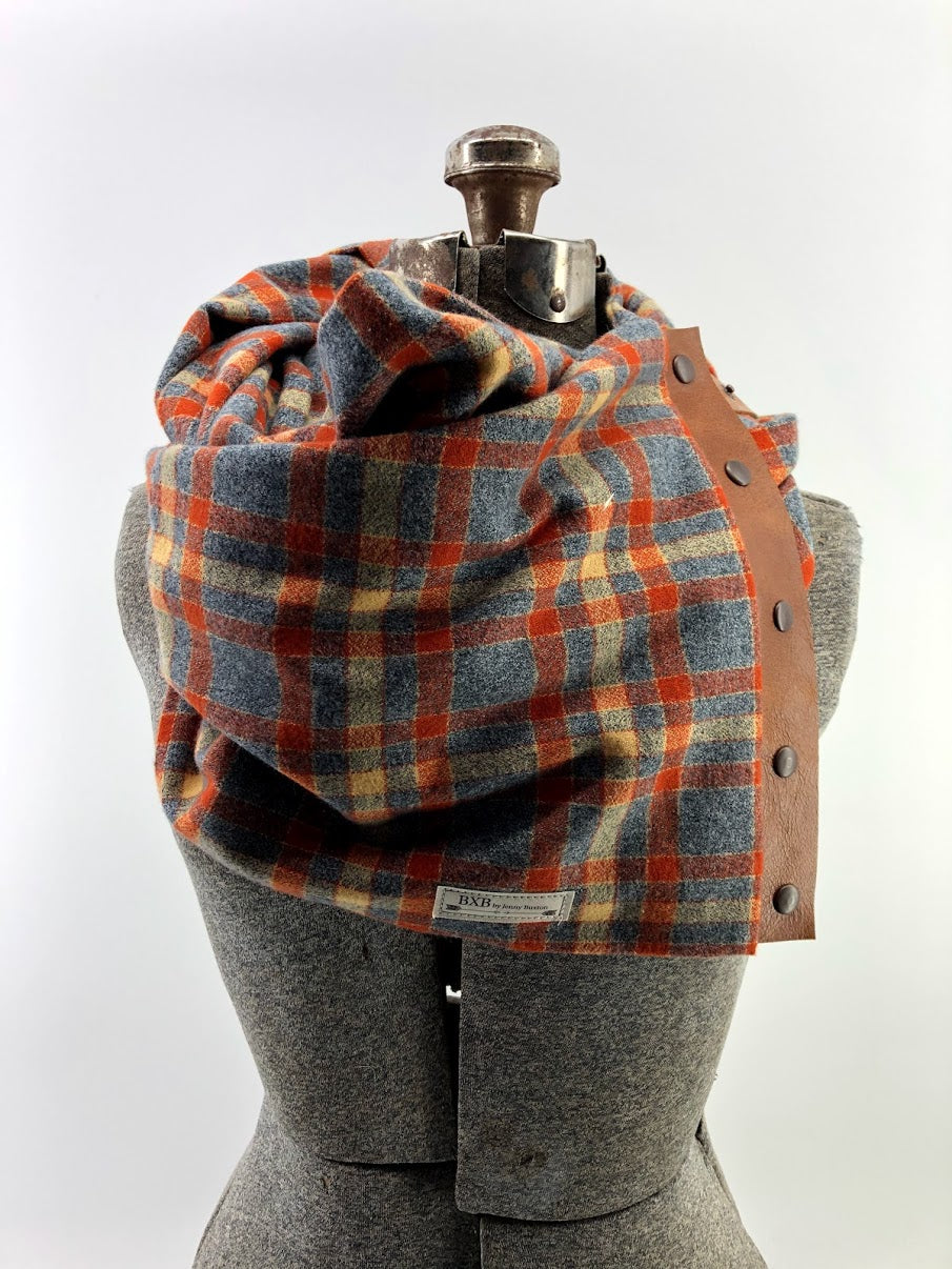 Gray & Rust Plaid Multi Snap Scarf with Leather Snaps