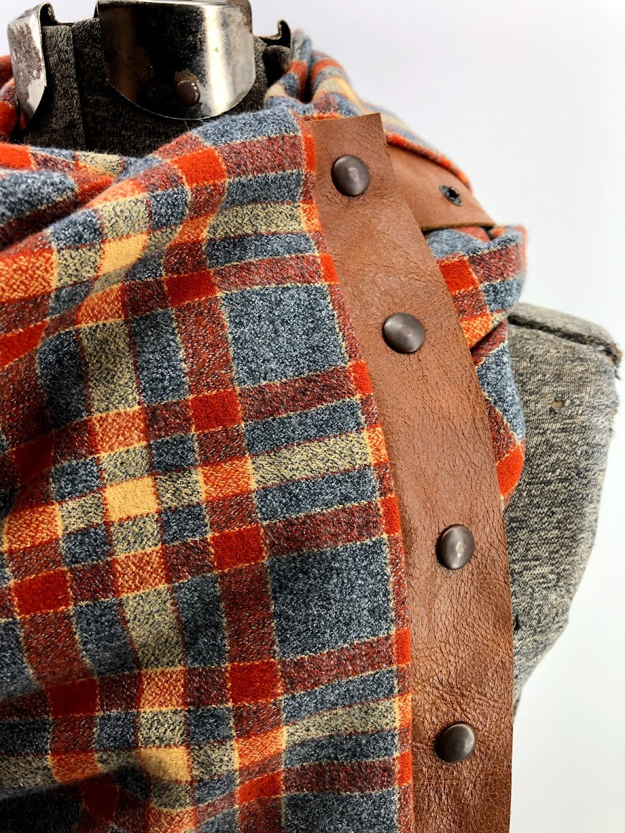 Gray & Rust Plaid Multi Snap Scarf with Leather Snaps