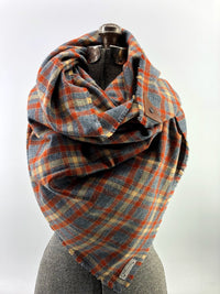Gray & Rust Plaid (New) Blanket Scarf with Leather Detail
