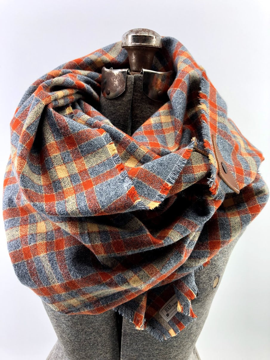 Gray & Rust Plaid (New) Blanket Scarf with Leather Detail