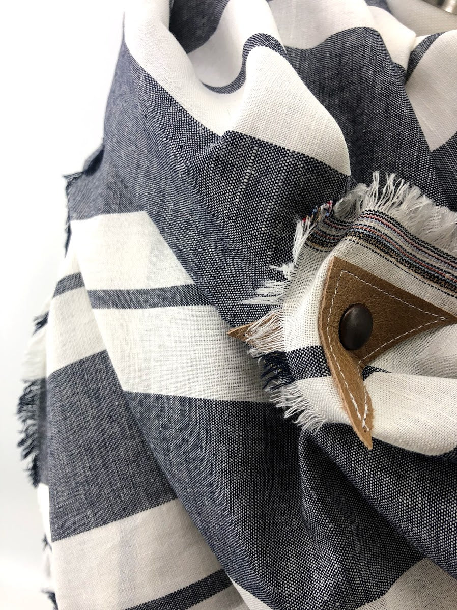 Gray Wide Stripe Linen Blanket Scarf with Leather Detail
